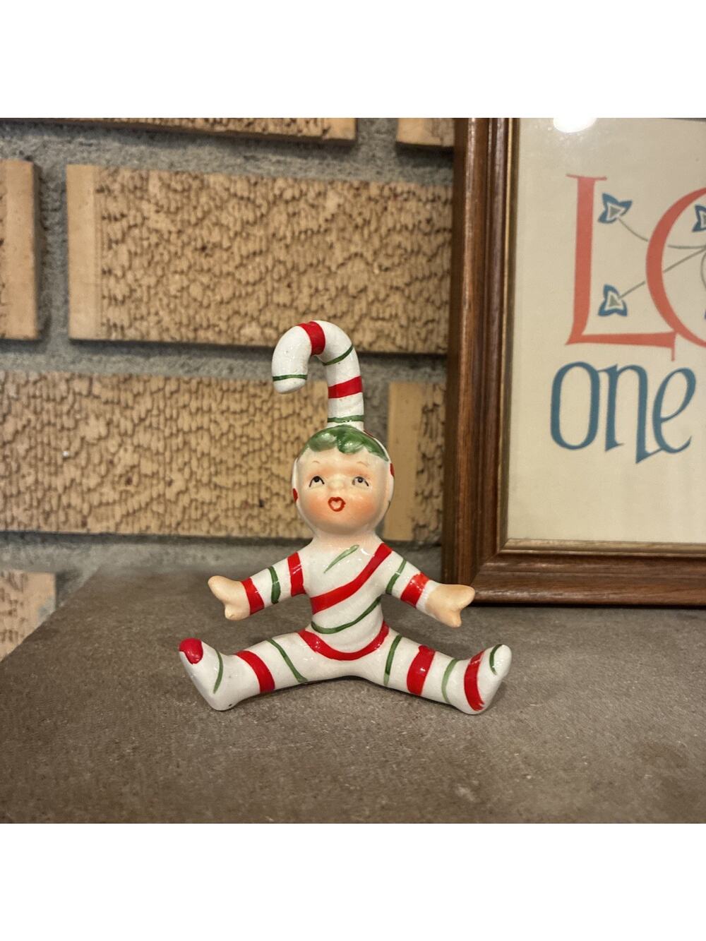 RARE Lefton Candy Cane PIXIE ELF Green Hair Sitting Figurine 1950s Christmas EUC